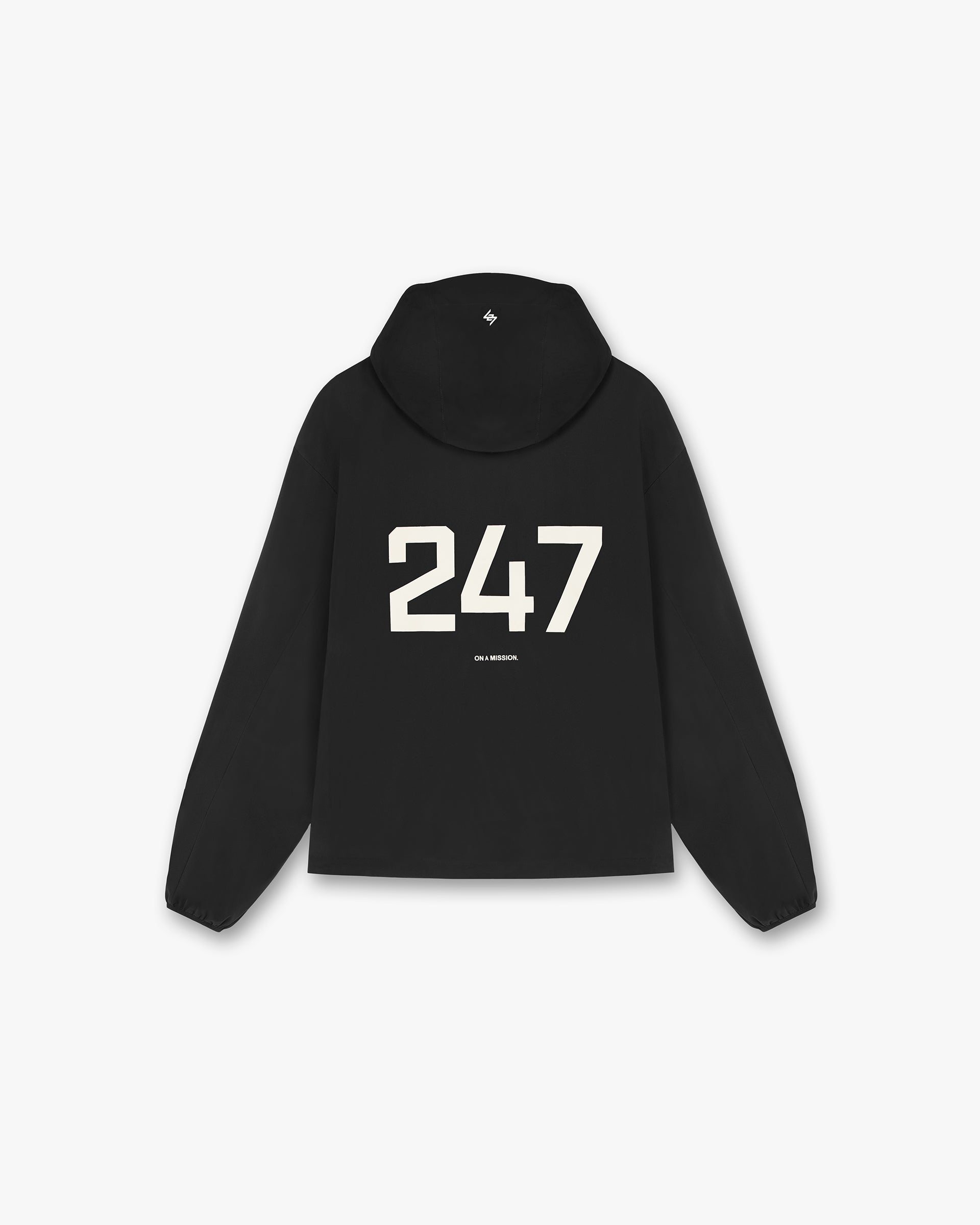 Back product image of a mens black jacket on a plain white background | 247 Hooded Training Jacket in Jet Black | Nylon jacket with DWR coating | 247 Outerwear | Represent Clo