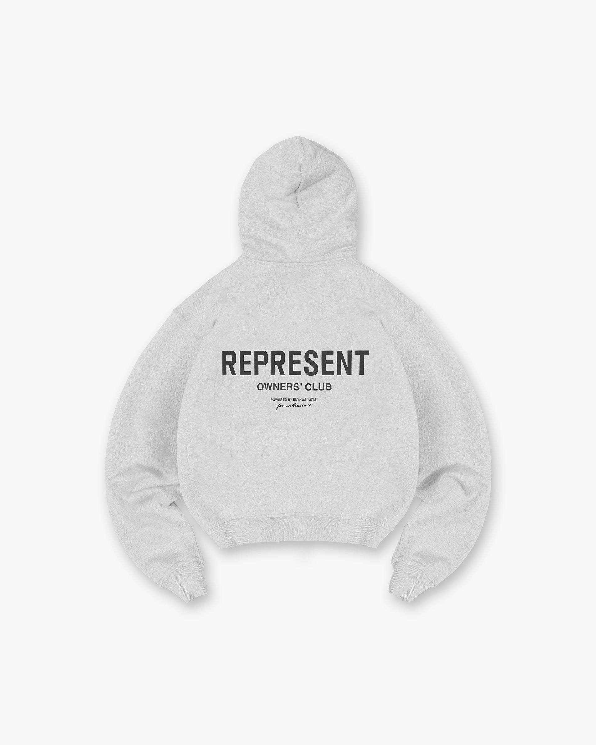Back of the Ash Grey Represent Owners Club hoodie.