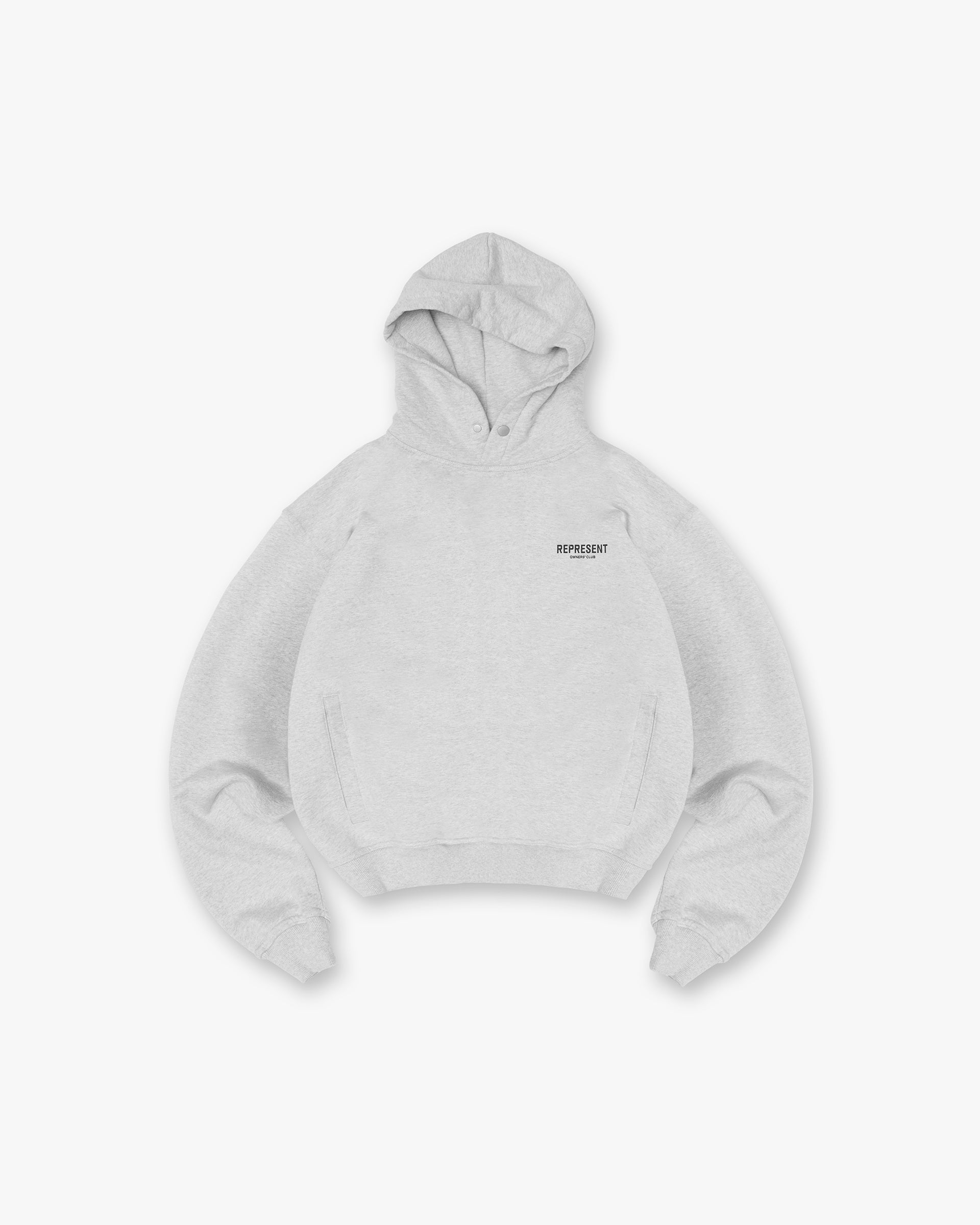 Ash Grey Represent Owners Club hoodie, front view.