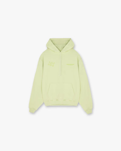 Front product image of a mens green hoodie on a plain white background | 247 Future Terrains Oversized Hoodie in Shadow Lime | Oversized hoodie with spacious fit | 247 Hoodies | Represent Clo